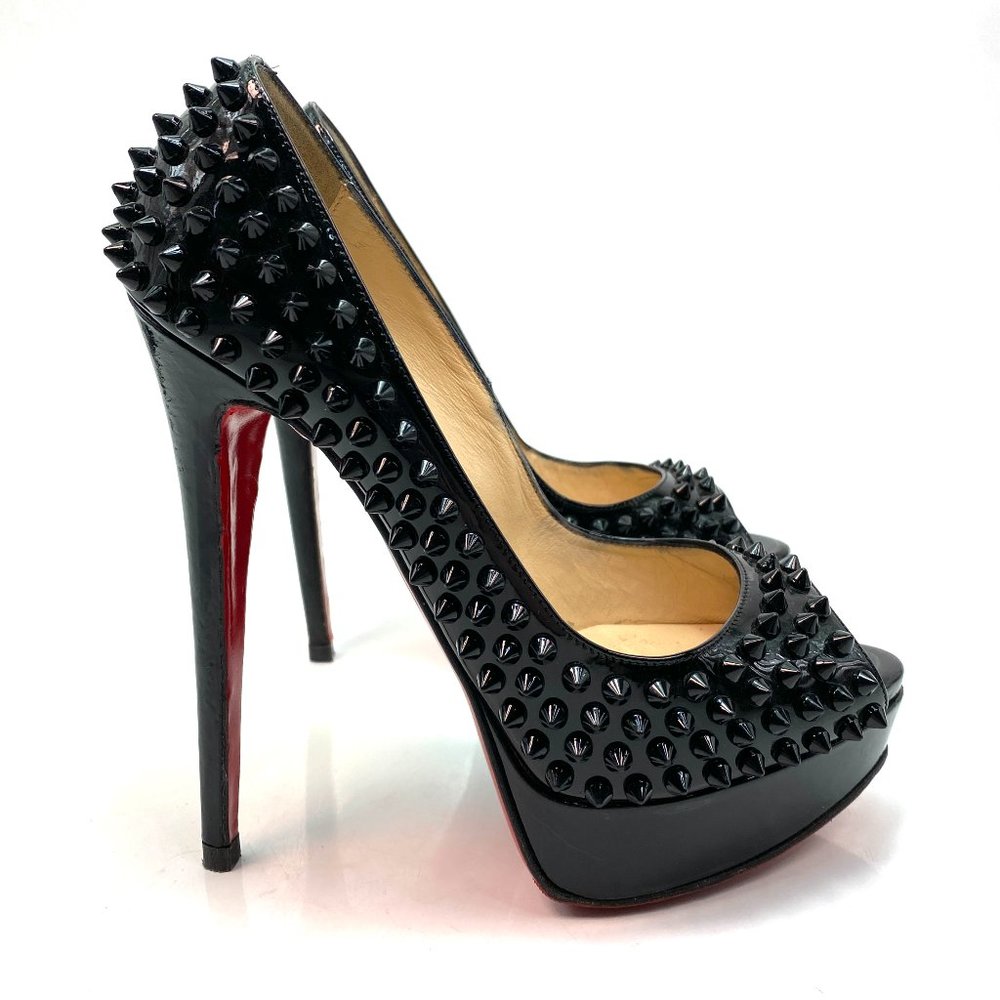 Christian Louboutin Lady Peep 150 Spikes Black Patent Heels 38